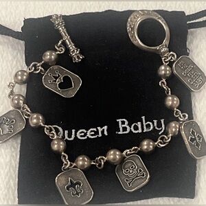 Queen Baby Charm Bracelet 7.5” Sterling Silver 925 Toggle Clasp Icon Dog Tags
